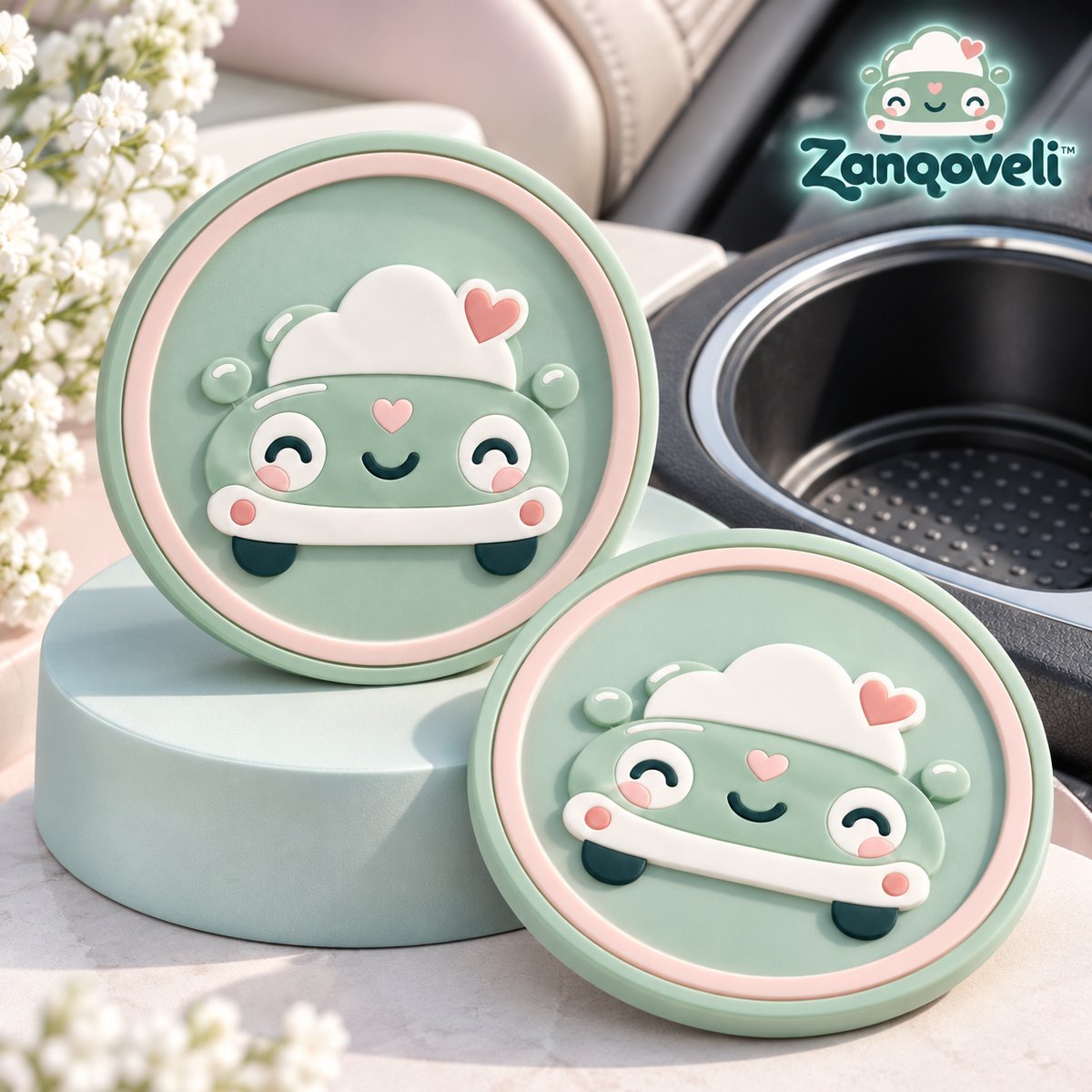 Zanqoveli™ Smiley Car Cup Coasters — Set of 2 — styled product view