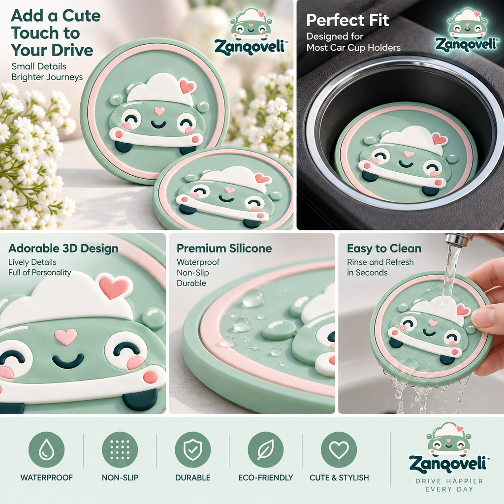 Zanqoveli™ Smiley Car Cup Coasters — Set of 2 — design details
