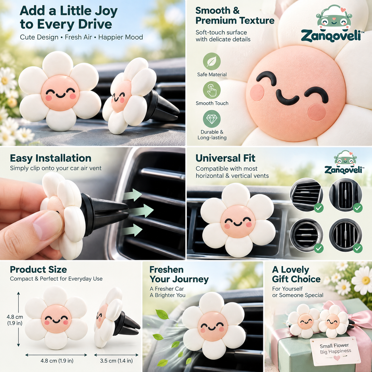 Zanqoveli™ Smiling Daisy Vent Clips — Set of 2 — design details