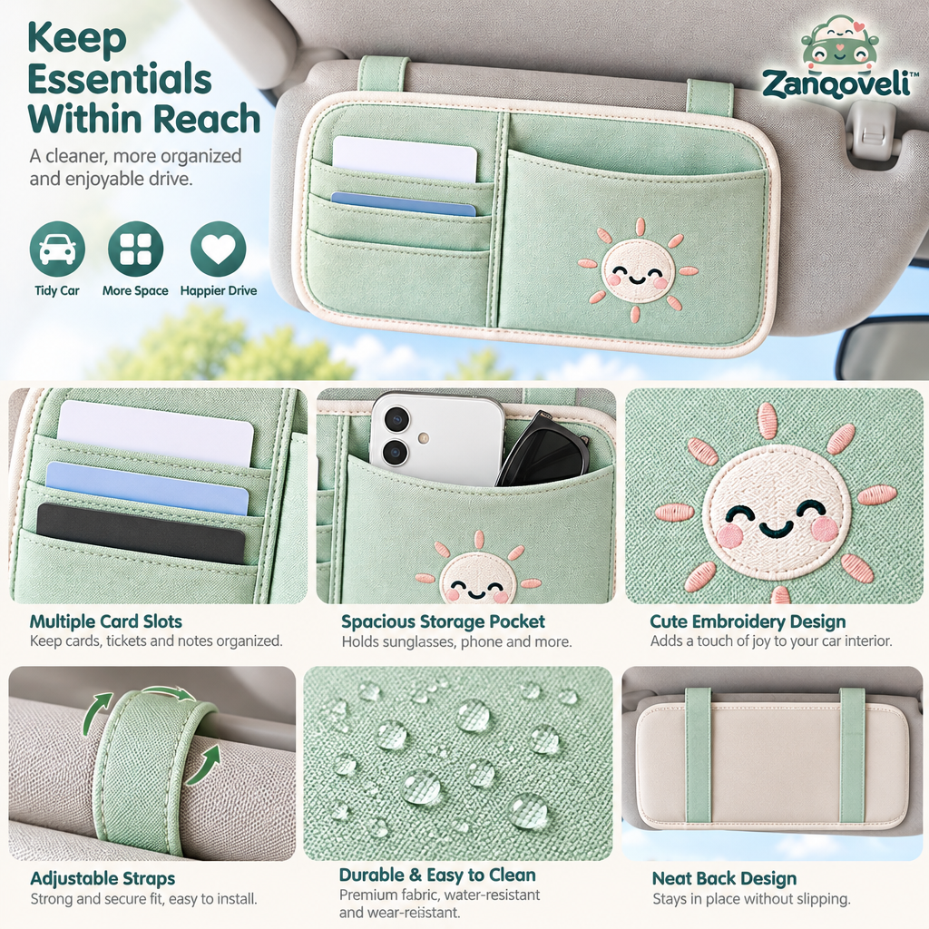 Zanqoveli™ Smiley Sun Visor Organizer — design details